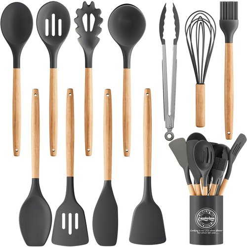 Lecakolma Silicone Cooking Utensil Set,12 PCS Cooking Kitchen Utensils Set, Nonstick Kitchen Utensils 446°F Heat-Resistant Cookware Kitchen Tools of Spoon,Brush,Whisk,Spatula,Turner Tongs (Gray)