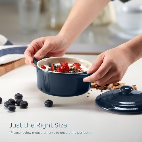Kook Ceramic Mini Cocotte Set - Small Casserole Dishes with Lids | Oven Safe 350°F, 12 oz, Set of 4 (Navy)