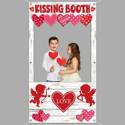 Valentine's Day Party Decorations Kissing Booth Theme Photo Booth Props Cupid Love Heart Banner Valentine Picture Frame for Couple Restaurant Wedding Backdrop Valentines Theme Party Favors Supplies