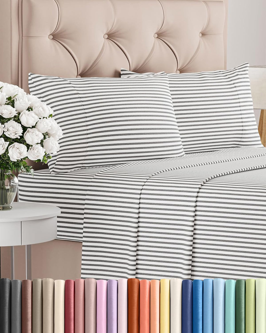 Skiennix Queen Size Sheet Set - Comfy Cooling Bed Sheets - Luxury Hotel Quality - Deep Pockets, Soft, Grey Stripes
