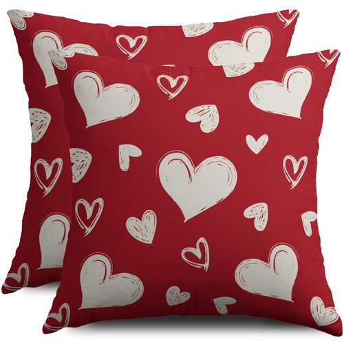 Red Valentines Pillow Covers 18X18 Set of 2, Valentine's Day Cream Love Heart Pattern Print Decorative Throw Pillow Covers Outdoor Farmhouse Holiday Decorations Cushion Case Couch Sofa Bed Decor