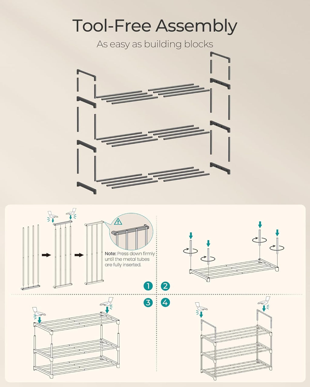 SONGMICS 3-Tier Shoe Rack - Stackable Metal Organizer for 8-12 Pairs | Black, 11.8 x 26.8 x 21.7 Inches
