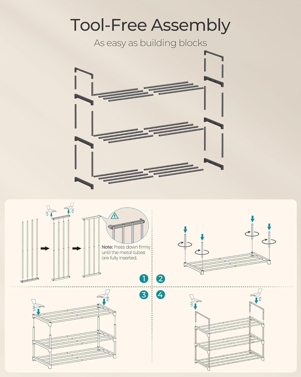 SONGMICS 3-Tier Shoe Rack - Stackable Metal Organizer for 8-12 Pairs | Black, 11.8 x 26.8 x 21.7 Inches