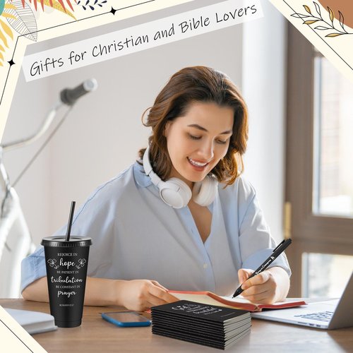 Hollowfly 24 Set / 96 Pcs Christian Church Gifts Plastic Cups with Bible Verse Pens Keychains Notebooks for Women Men Volunteer Christian Party Gifts (Black)