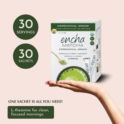 Encha Matcha - Single Serve Cermonial Grade Green Tea Powder - First Harvest Organic, From Uji, Japan single serving size (30 servings) Caffeine, L-Theanine, No added sugar