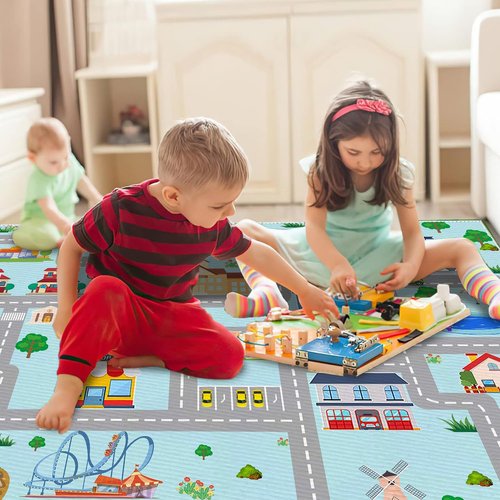 MLLgYq Kids Car Rug, 2' 7" x 4' City Life Traffic Road Playmat for Toy Cars Trains, Non-Slip Race Track Carpet Educational Fun Rugs for Boy and Girl Bedroom Nursery