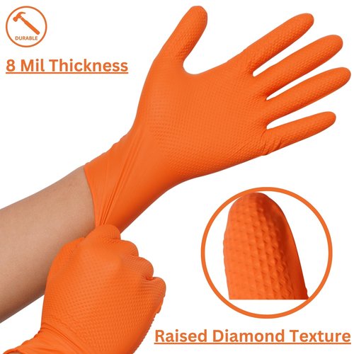 MEDPRAYER Industrial Orange Nitrile Gloves – Disposable Rubber Gloves 8 Mil – Raised Diamond Texture, Latex & Powder Free - Size Large, Pack of 100