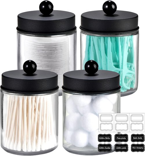 Amolliar Apothecary Jars Set - 4 Pack Bathroom Storage Canisters with Stainless Steel Lids & Cute Stickers | Black Qtip Dispenser for Cotton Swabs & Makeup Sponges