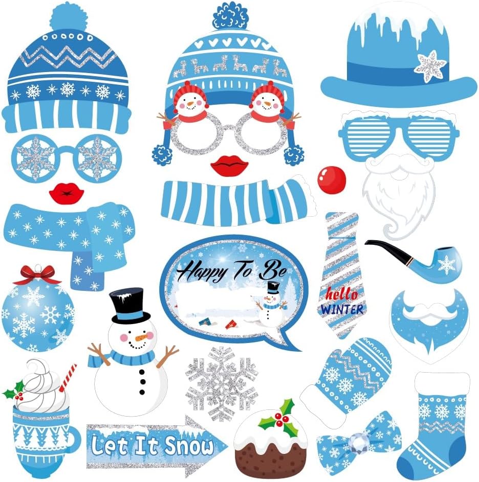 Snowman Photo Booth Props - Winter Wonderland Themed Decorations | 25 Count Set