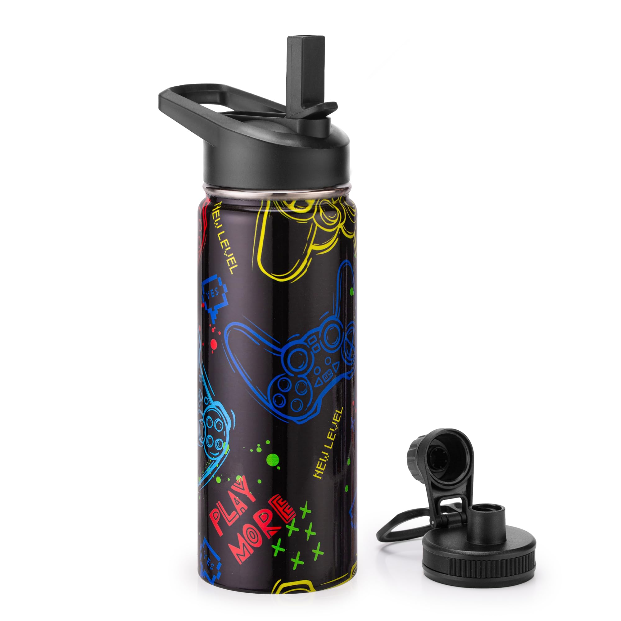 Skyflora 18oz Insulated Water Bottle with Straw Lid & Spout Lid, Game Controller, Gift for Kids Boys Girls Student Sports Travel Fitness Hiking Outdoors, Double Wall, Hands Wash Only, Black