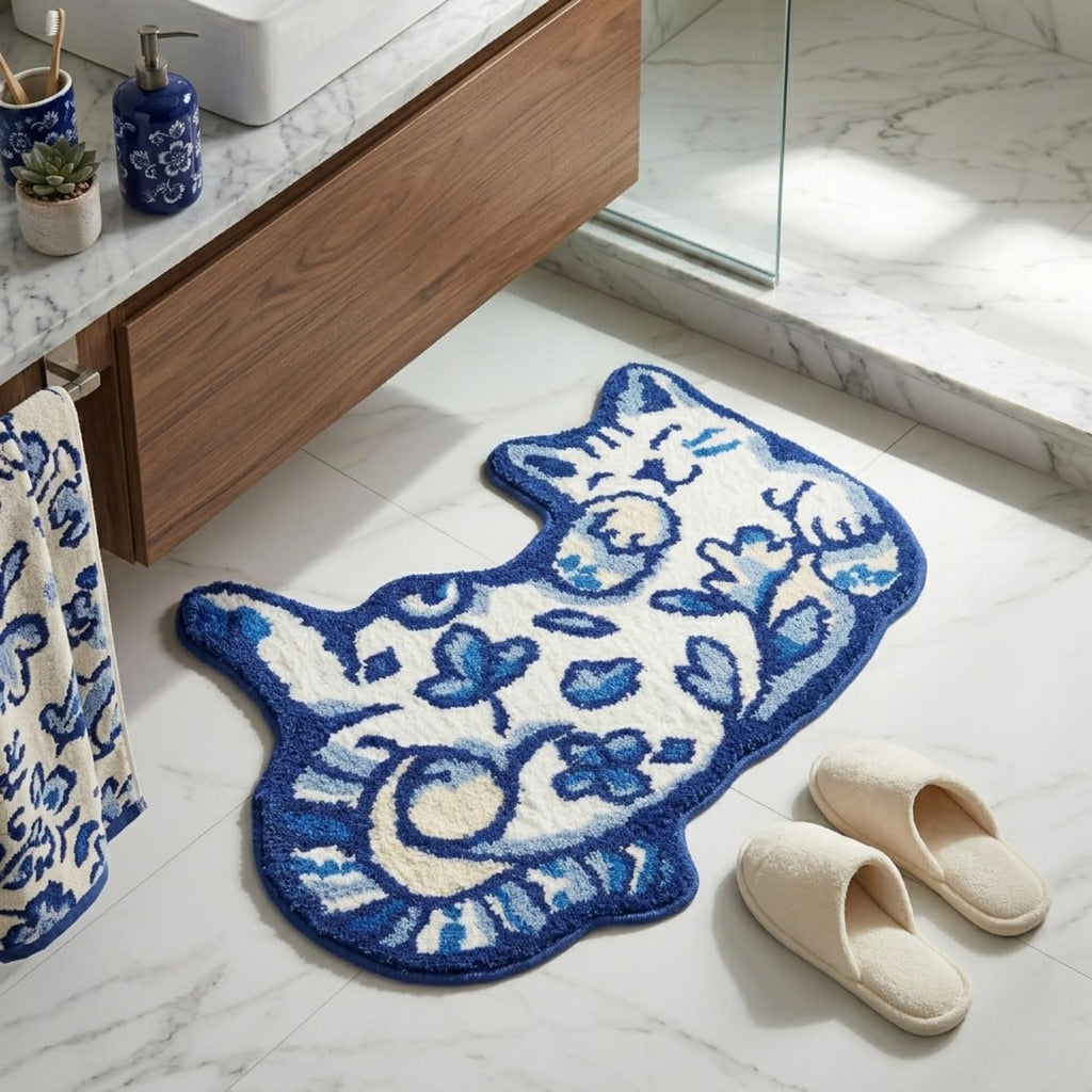 Softania Blue Delft Cat Rug - Cute Cat Bathroom Rug Super Absorbent & Non-Slip Bath Mat, Soft Fuzzy Cute Mat for Small Bathroom or Shower Floor