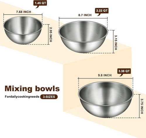 Gronivex Stainless Steel Mixing Bowls Set - Food Grade 304, Dishwasher Safe, Stackable | 3 Pack (1.45, 2.22, 3.38 Qt)