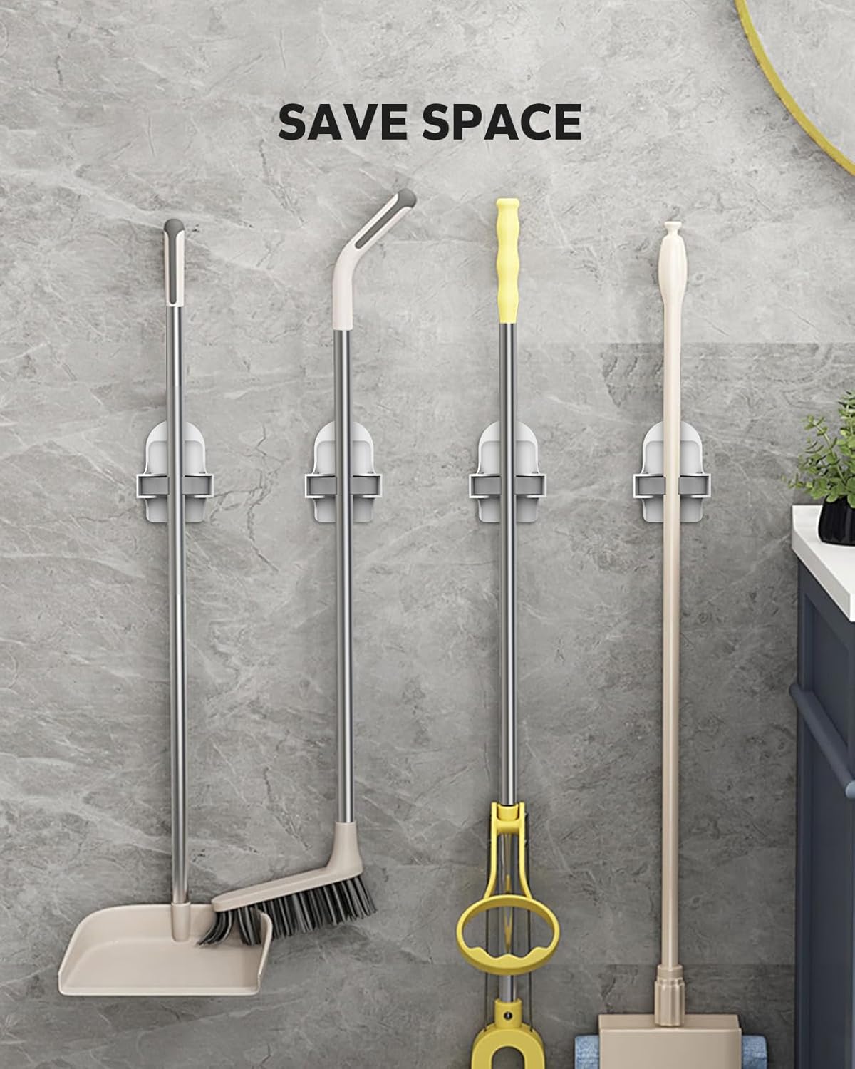 Plastic Broom Holder Wall Mount - 4 Count, Durable White Storage Solution for Organized Spaces