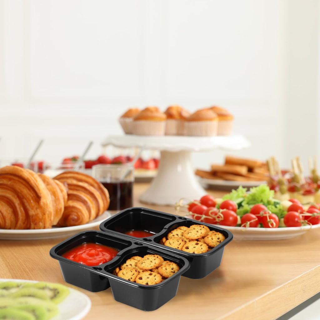 Teenyyou 20 Sets Reusable Snack Containers with Lids & Spoons Double Compartment Snack Containers for School Office Lunch Take Out Sauces Dips Microwave Safe (Black,Clear)