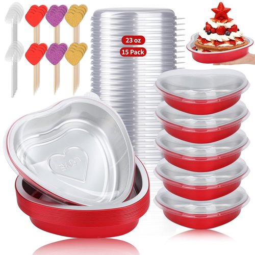 23 OZ Large Heart Shaped Cake Pans for Baking 15 Pack Aluminum Foil Baking Tins with Lids Red Desert Heart Cake Mold Disposable Ramekins Containers for Valentine's Day, Mother's Day, Wedding, Party