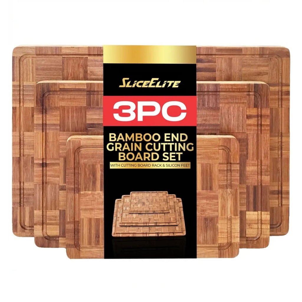SliceElite Extra Large Bamboo Cutting Board Set 3 Piece End Grain Wooden Chopping Boards with Holder Non Slip Feet Juice Groove XL Butcher Block Style Boards for Kitchen Carving and Serving