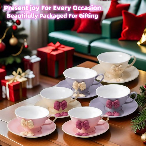 ICHAG Tea Cups and Saucers Set, Tea Cups Set of 6,18-Piece 8oz Vintage Porcelain Teacup and Saucer Set with Golden Spoon and Bowknot, Coffee Cup Set for Women's Tea Party, Home Office Gifts