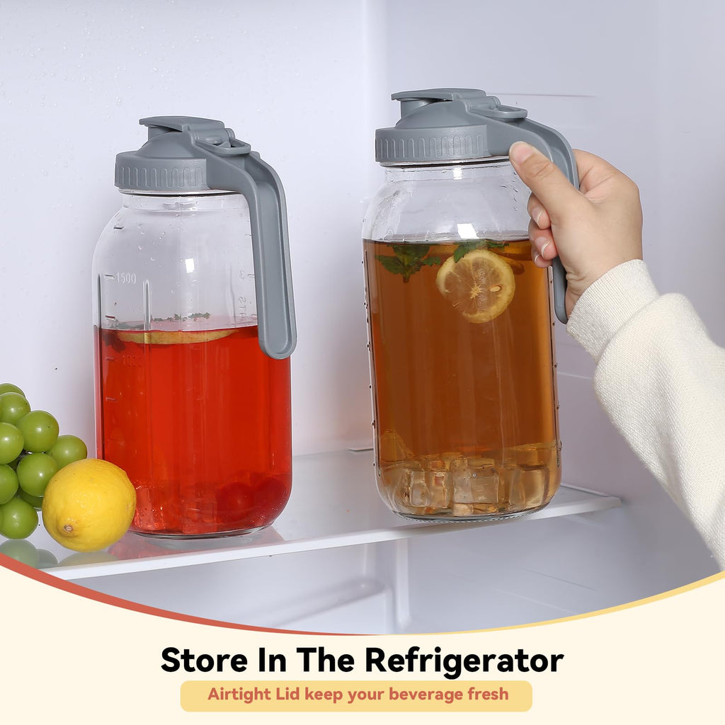 Novelinks 64OZ Glass Pitcher with Lid, Wide Mouth Mason Jar Pitcher, Leak-proof Water Jug for Juice, Milk,iced Coffee Lemonade Tea,2 Pack