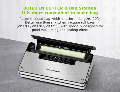 Bonsenkitchen Vacuum Sealer Machine, Stainless Steel Food Sealer Vacuum Sealers with 1 Roll & 5 Bags, 5 Food Vacuum Modes, Built-in Cutter & Bag Storage (Silver Black)