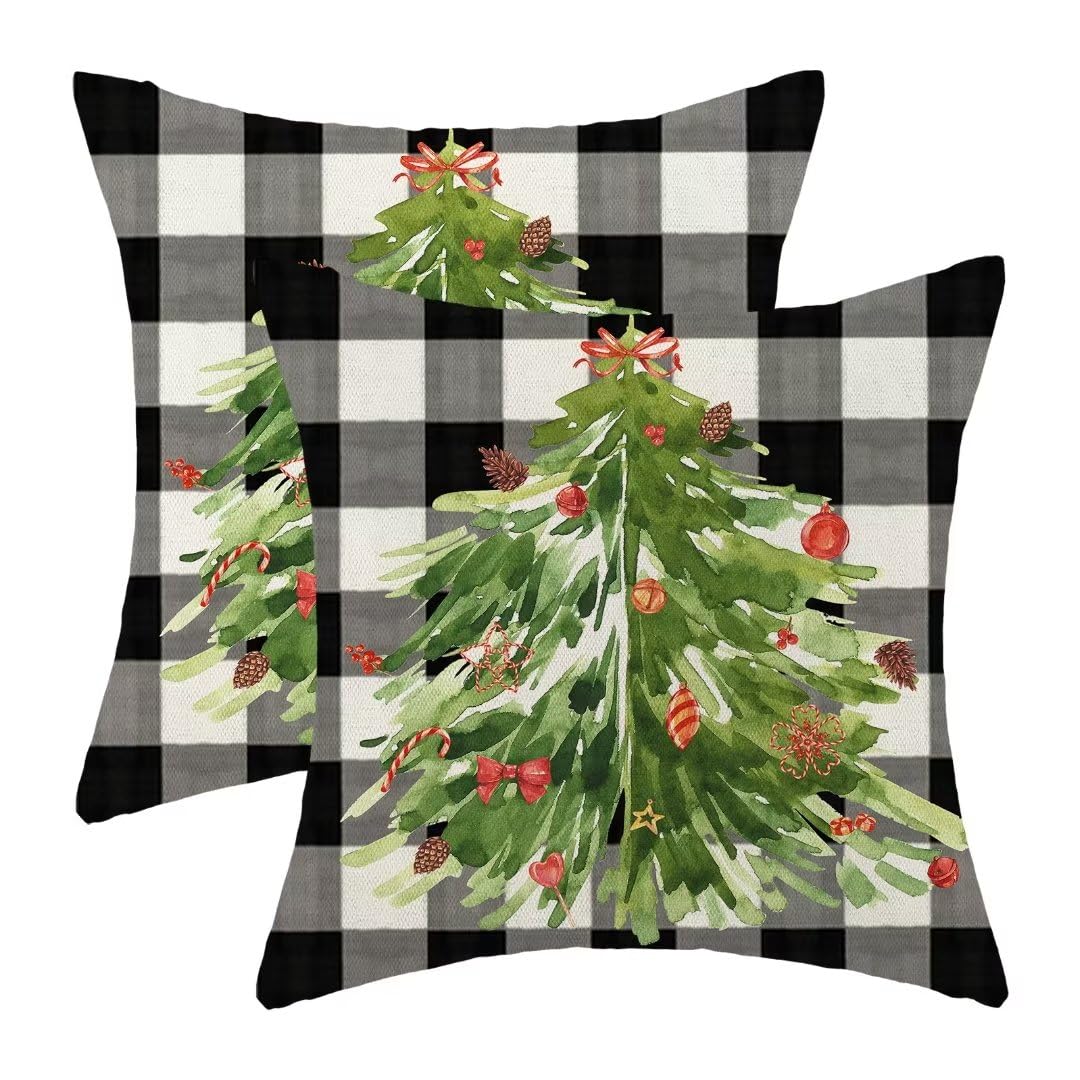 AEIOAE Christmas Pillow Covers 18x18 Inch Set of 2, Buffalo Plaid Christmas Tree Decorative Throw Pillows Farmhouse Linen Nature Forest Xmas Winter Pillow Case for Couch Sofa Outdoor Decor