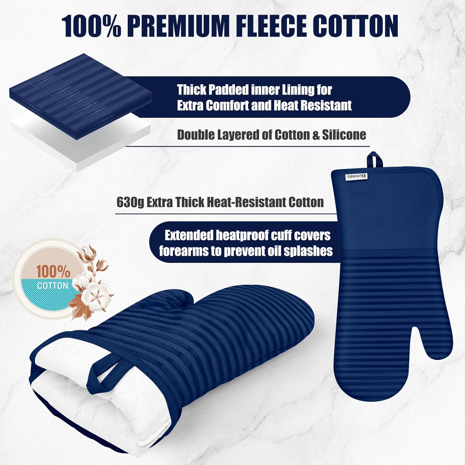 Skiennix Oven Mitts and Pot Holder Set - 500°F Heat Resistant Silicone Grip | 6 Pack Dish Towels - Marine Blue Kitchen Essentials