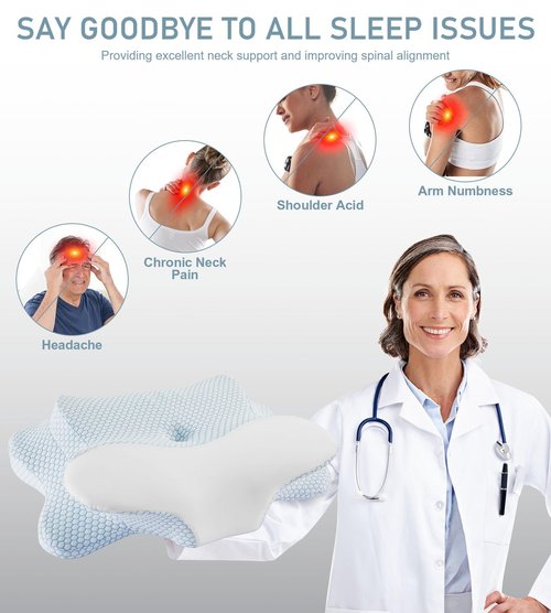 Cervical Neck Pillow - Memory Foam Pillow for Pain Relief Sleeping, Ergonomic Neck Support Contour Pillows for Side Back Stomach Sleepers,Orthopedic Breathable Pillowcase (Blue White)