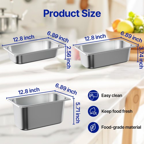 ENCYS 1/3 Hotel Pans 6 inch Deep Stainless Steel Steam Table Food Pan Commercial Metal Food Catering Tray Anti Jam for Hotel Restaurant Buffet Party Supplies(Set of 6)