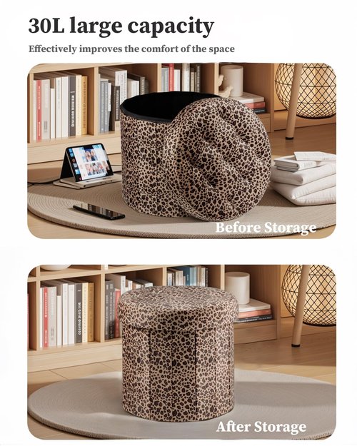 Bsketa Storage Ottoman, Folding Foot Stool with Thicker Foam Padded Seat Small Velvet Storage Ottoman Foot Rest for Living Room Foldable Coffee Table 14x14x13in, Leopard Print