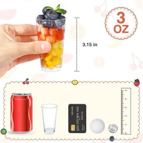 Eupako 3 oz Plastic Dessert Shooter Cups with Spoons - 100 Pack Mini Clear Round Appetizer Cup Shot Glasses, Small Dessert Cups for Jello Shots, Parfait, Puddings, Mousse, Parfait