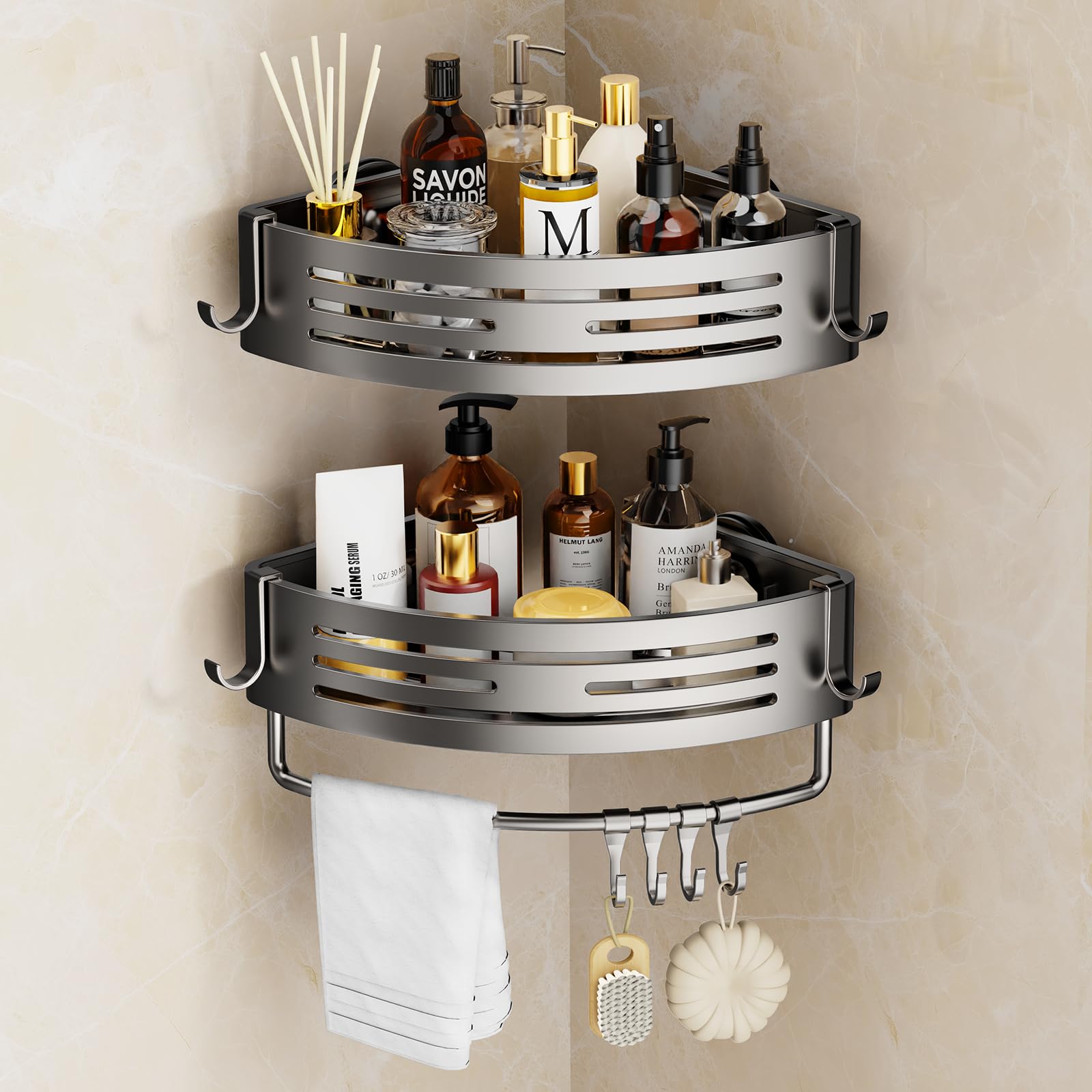 SUBUCOYO Corner Shower Caddy Suction Cup, 2 Pack Shower Shelves Corner No Drilling, Aluminum Alloy Shower Organizer Suction Cup, Removable Bathroom Storage Rack with Towel Bar & Hooks(Gray)