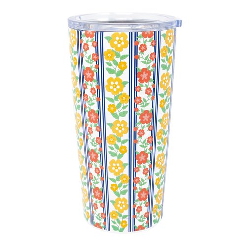 Martha Stewart Insulated Coffee Tumbler, 16 Ounce Stainless Steel Travel Mug with Lid, Double-Wall Design for Hot or Cold Beverages, Floral Stripe