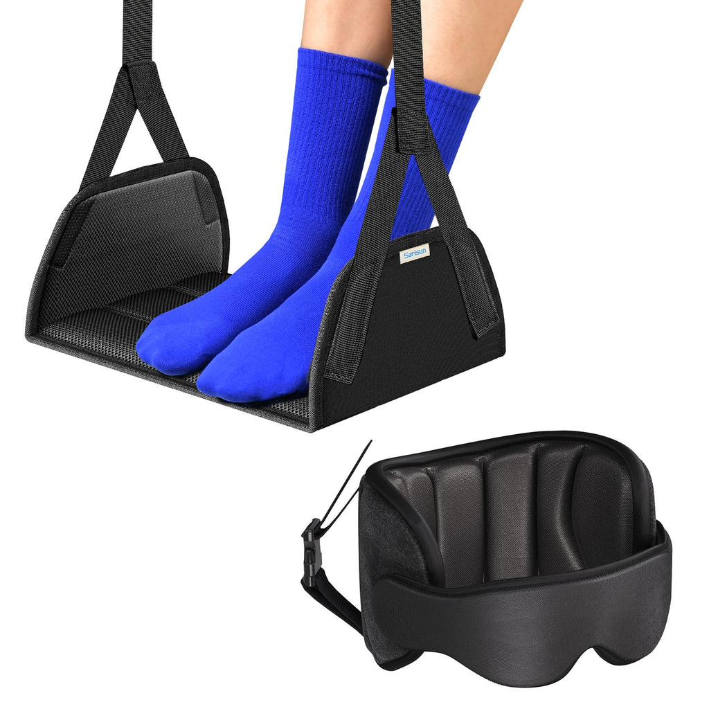 SARISUN 3 in 1 Airplane Travel Essentials Kit, Travel Pillow with Head Support, 3D Eye Mask for Sleeping, No Collapse Foot Hammock for Airplane, Portable Long Flights/Car Road Trip Essentials Sets