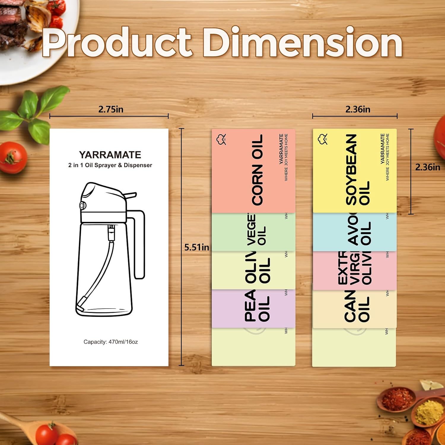 YARRAMATE Glass Olive Oil Sprayer - 16oz with 10 Color Labels - Sleek Black Design