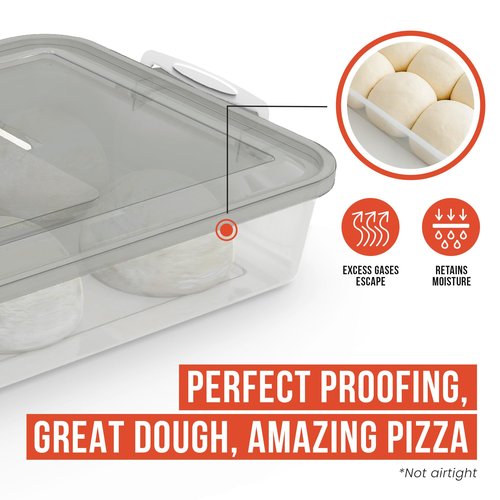 Chef Pomodoro Pizza Dough Proofing Box, 14 x 11-Inch, Preparation Container with Lid, Fits 4-6 Proofing Balls, Household Pizza and Bread Dough Tray With Convenient Carry Handle (Grey, 2-Pack)
