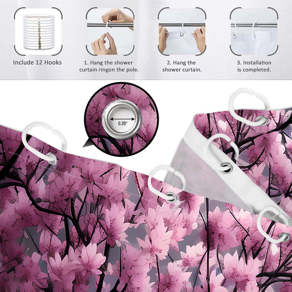 Yieldeer Japanese Shower Curtain Asian Cherry Blossom Bathroom Decor Mountain Bath Curtain, Waterproof Cloth Fabric with Hooks, 70x72 inch