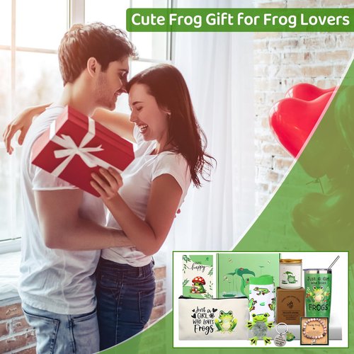 Bayelove Frog Gifts for Women Frog Lovers Stuff Gifts Include Hair Tie 20oz Tumbler Mug Keychain Makeup Bag Candle Socks Bracelet Card for Women Christmas Birthday