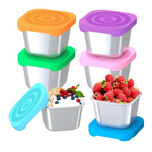 6Pack 6oz Stainless Steel Snack Containers for Kids, Leak Proof Small Food Storage Container with Silicone Lid, Easy Open Leak Proof Stainless Steel Food Storage Containers with Silicone Lids
