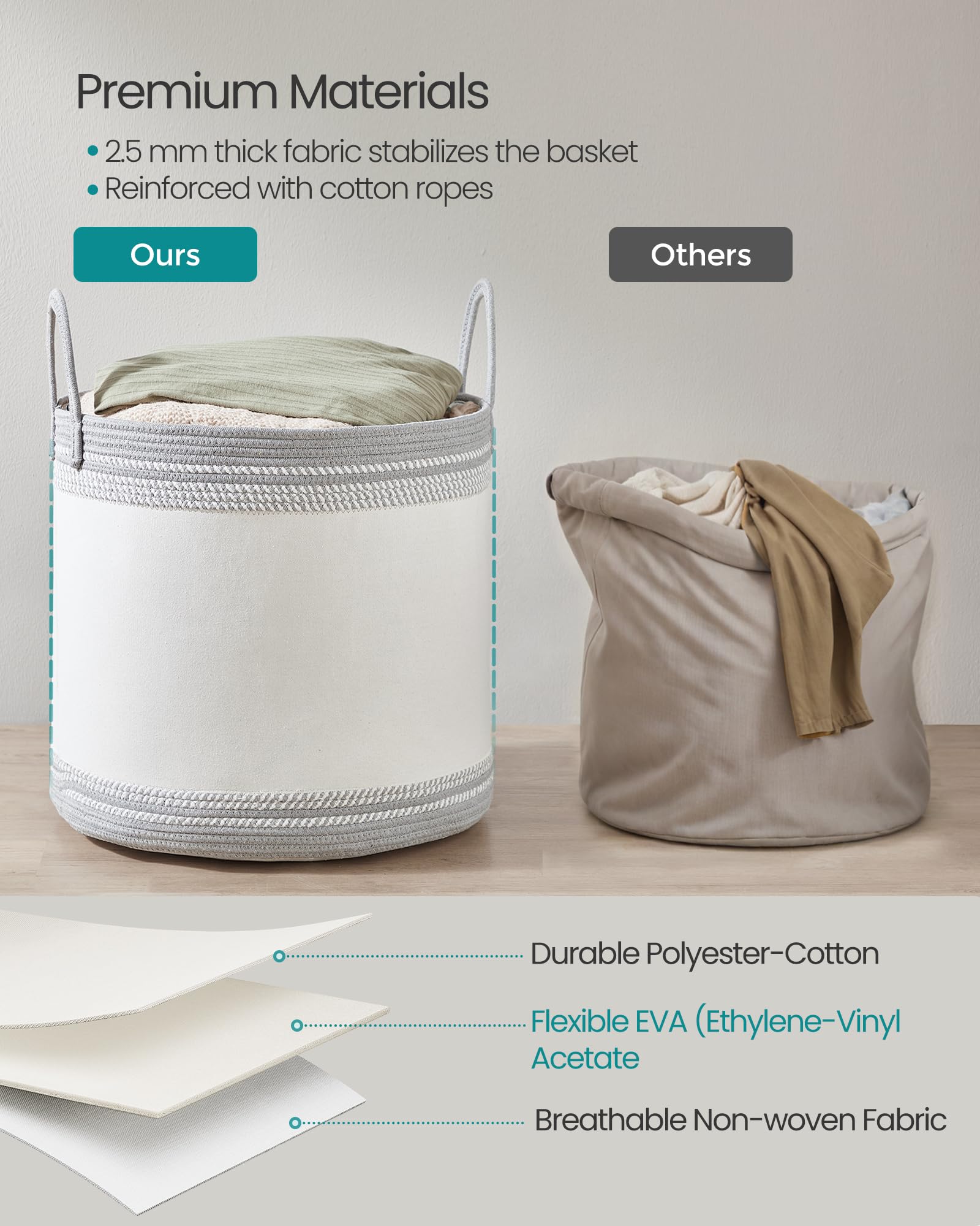 SONGMICS Laundry Hamper, Cotton Rope Laundry Basket with Handles, for Clothing, Living Room, Bedroom, 23.8 Gallons, 19.7 x 19.7 x 18.1 Inches, Cloud White and Dove Gray URLH090G01