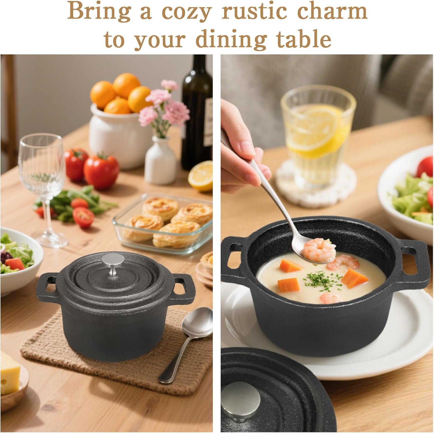 Skiennix Mini Dutch Oven - 6 Pcs Round Cast Iron Cocotte Pot with Lids & Dual Handles | 8 oz Black
