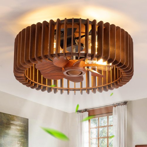Padxpouo Farmhouse Fandelier Ceiling Fan with Light Flush Mount Caged Ceiling Fans with Light and Remote Wooden Low Profile Bladeless Ceiling Fan for Bedroom, Kitchen,Foyer(Enclosed,6 Speed, Timing)