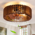 Padxpouo Farmhouse Fandelier Ceiling Fan with Light Flush Mount Caged Ceiling Fans with Light and Remote Wooden Low Profile Bladeless Ceiling Fan for Bedroom, Kitchen,Foyer(Enclosed,6 Speed, Timing)