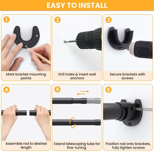 Closet Rods for Hanging Clothes, 17-69 Inch No-Cut Stepless Adjustable Closet Rod, 1.3 Inch Heavy Duty Metal Closet Hanging Rod with Brackets, Black Closet Bar for Closet, Laundry Room, RV, Wardrobes