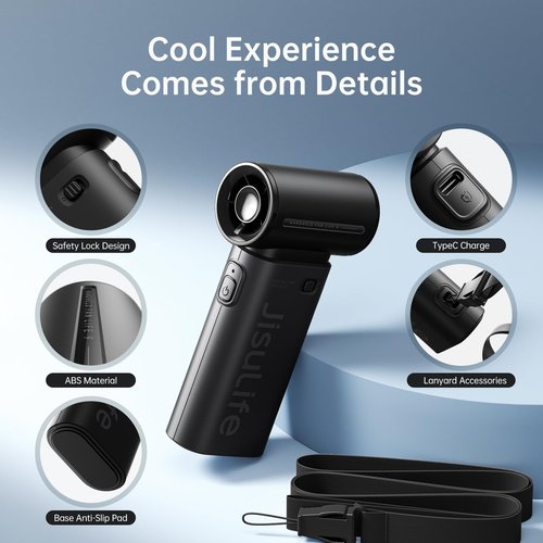 JISULIFE Portable Handheld Fan Life9, Turbo Power High Speed Air [18H Max Cooling Time], 5 Gear Wind, 5000mAh Rechargeable, Mini Pocket Design, Personal Fan for Travel Concerts Camping Makeup - Black