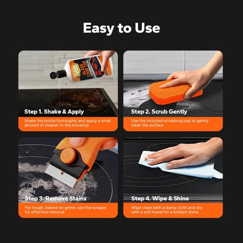 CleanCrown 3-in-1 Cooktop Cleaner Kit (8.8 Oz Cooktop Cleaner + Scrubbing Pad + Scraper), Stovetop Cleaner for Electric Top Stoves, Ceramic Cooktops & Fireplace Glass, Remove Burned on Food, Grease