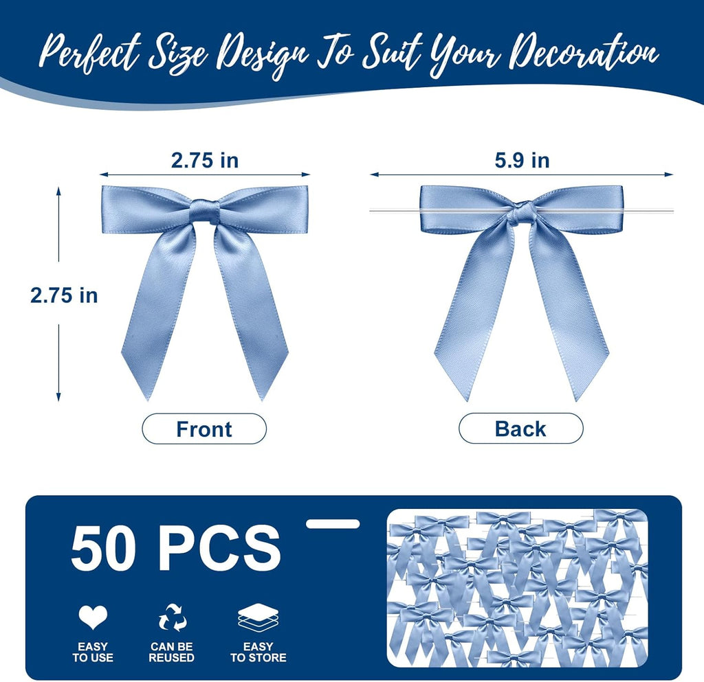 Regine Switzerland Satin Ribbon Dusty Blue Bow Decor - 2.5" Premade Twist Tie Bows for Gift Wrapping | 50 Count