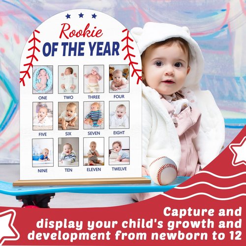 Baseball First Year Photo Board Rookie of the Year Birthday Party Decoration Wooden Board 12 Monthly Milestone Picture Frame Sport 1st Birthday Banner for Babyboy Keepsake Gift Supply(Fit 2x2.8in Pic)
