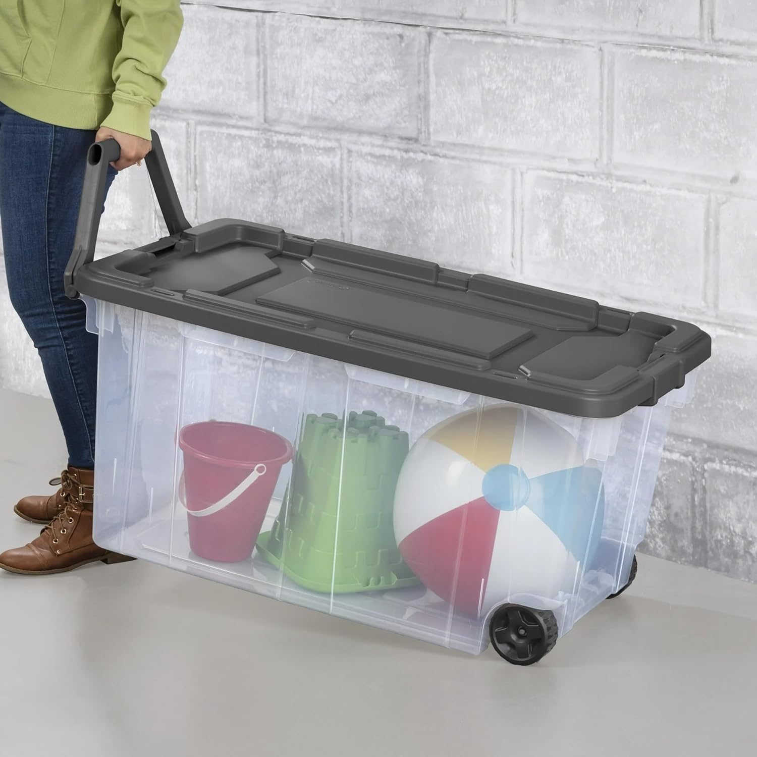 Stacker 160 Quart Wheeled Bin - Extra Large Durable Clear Storage with Latch Lid & Pull Handle | Gray, 2 Count