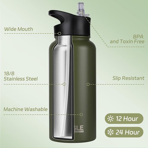HASLE OUTFITTERS 32 oz Insulated Stainless Steel Water Bottle - Double Walled with 2 Lids (Army Green)