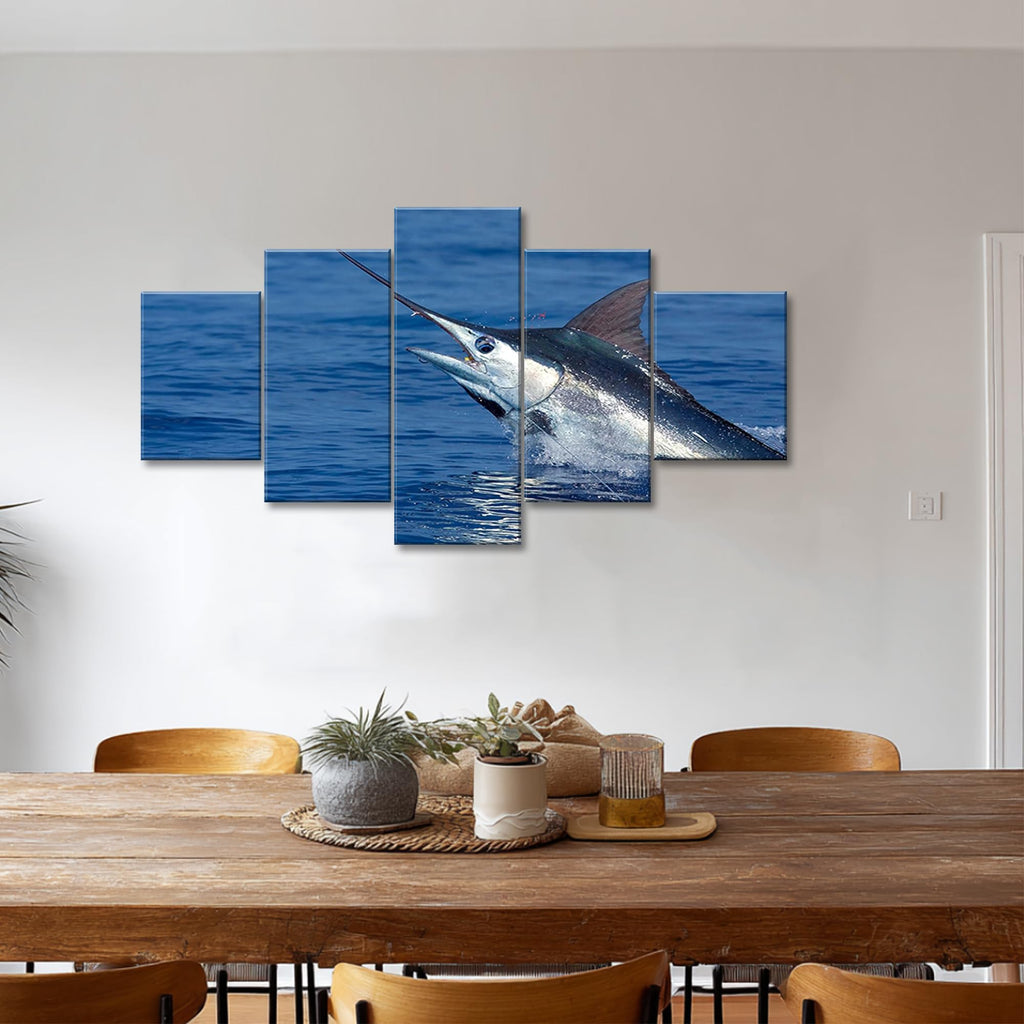 Blue Marlin Fish Wall Decor Ocean Animal Wall Art Large Fish Poster Deep Sea Fishing Picture 5 Piece Painting HD Canvas Print Framed Gifts for Men Decor with Frame Ready to Hang(60''Wx32''H)