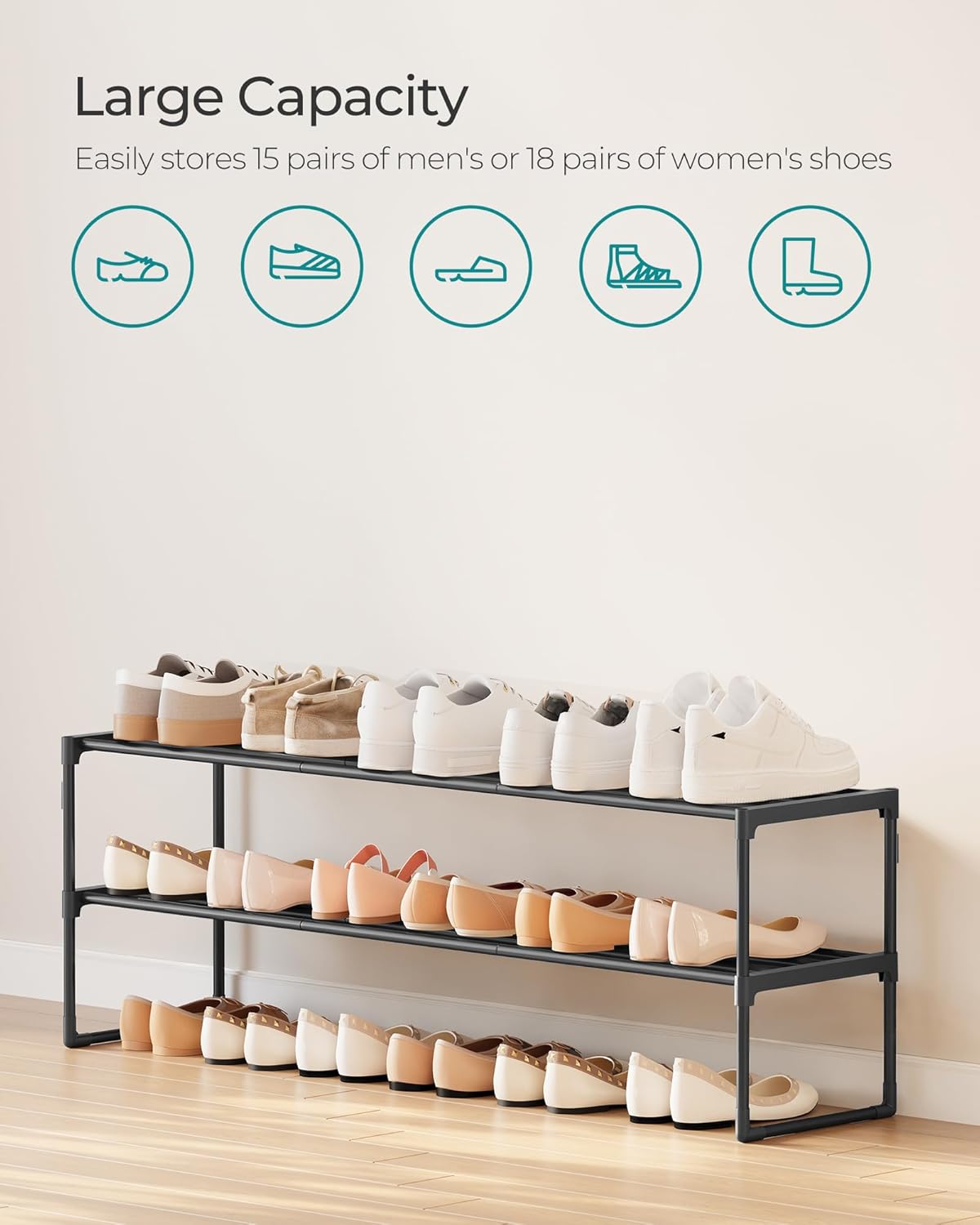 SONGMICS 2-Tier Shoe Rack - Stackable Metal Organizer for 15-18 Pairs | Black, 11.8 x 46.1 x 14.6 Inches